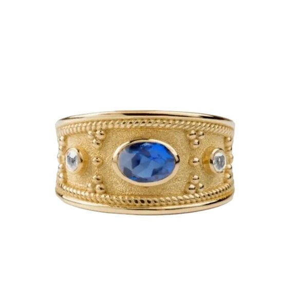 Blue Zircon Gemstone 18K Gold Plated Wide Ring - Picture 2 of 4